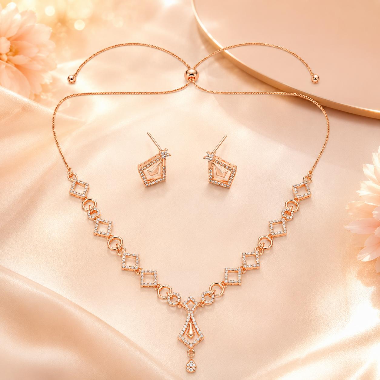 Forevershine Rose Gold Plated Necklace Set For Women With Cubic Zirconia Stones | Cz Diamond Design Jewellery Set With Earrings | Wedding Party Bridal Jewellery - Image 5