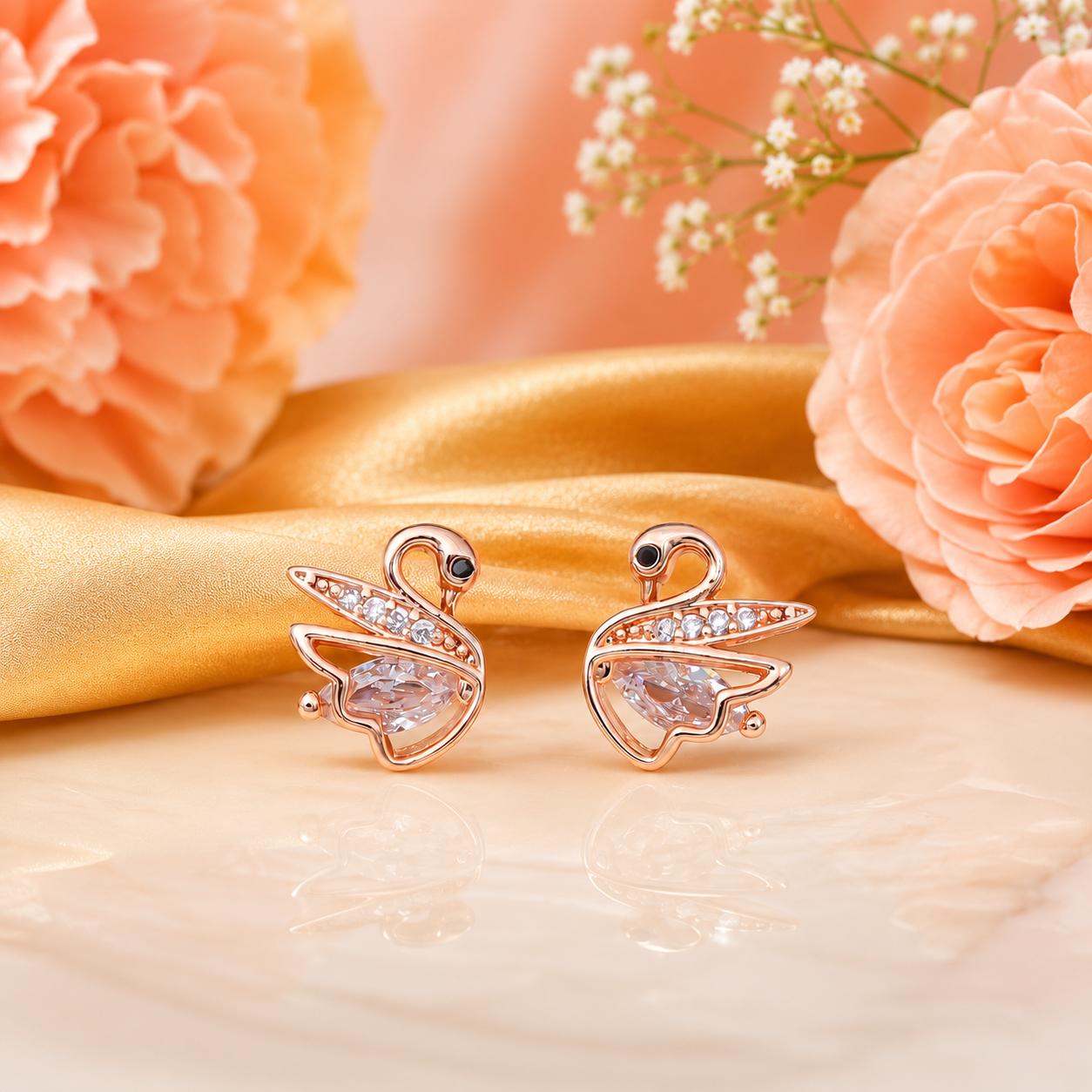 Forevershine Rose Gold & Black Alloy American Diamond Cubic Zirconia Swan Minimal Round Stud Earrings For Women & Girls Fashion Jewellery, Party, Wedding Gift - Image 2