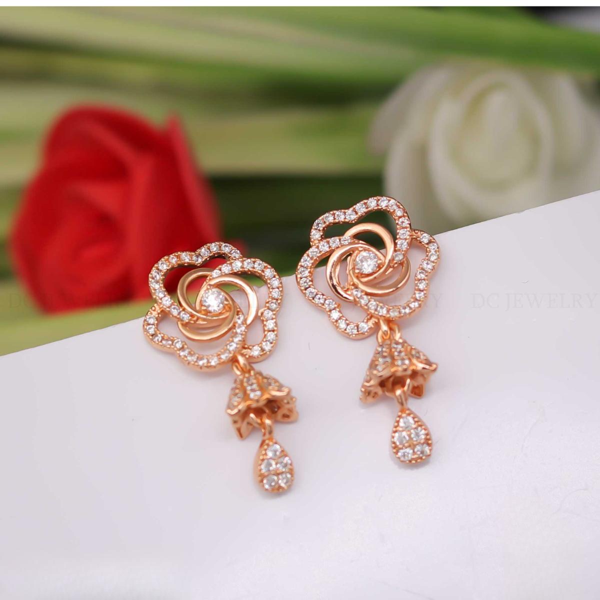 Forevershine Rose Gold & White Alloy American Diamond Cubic Zirconia Floral Minimal Drop Jhumka Earrings For Women & Girls Fashion Jewellery, Party, Wedding Gift - Image 7
