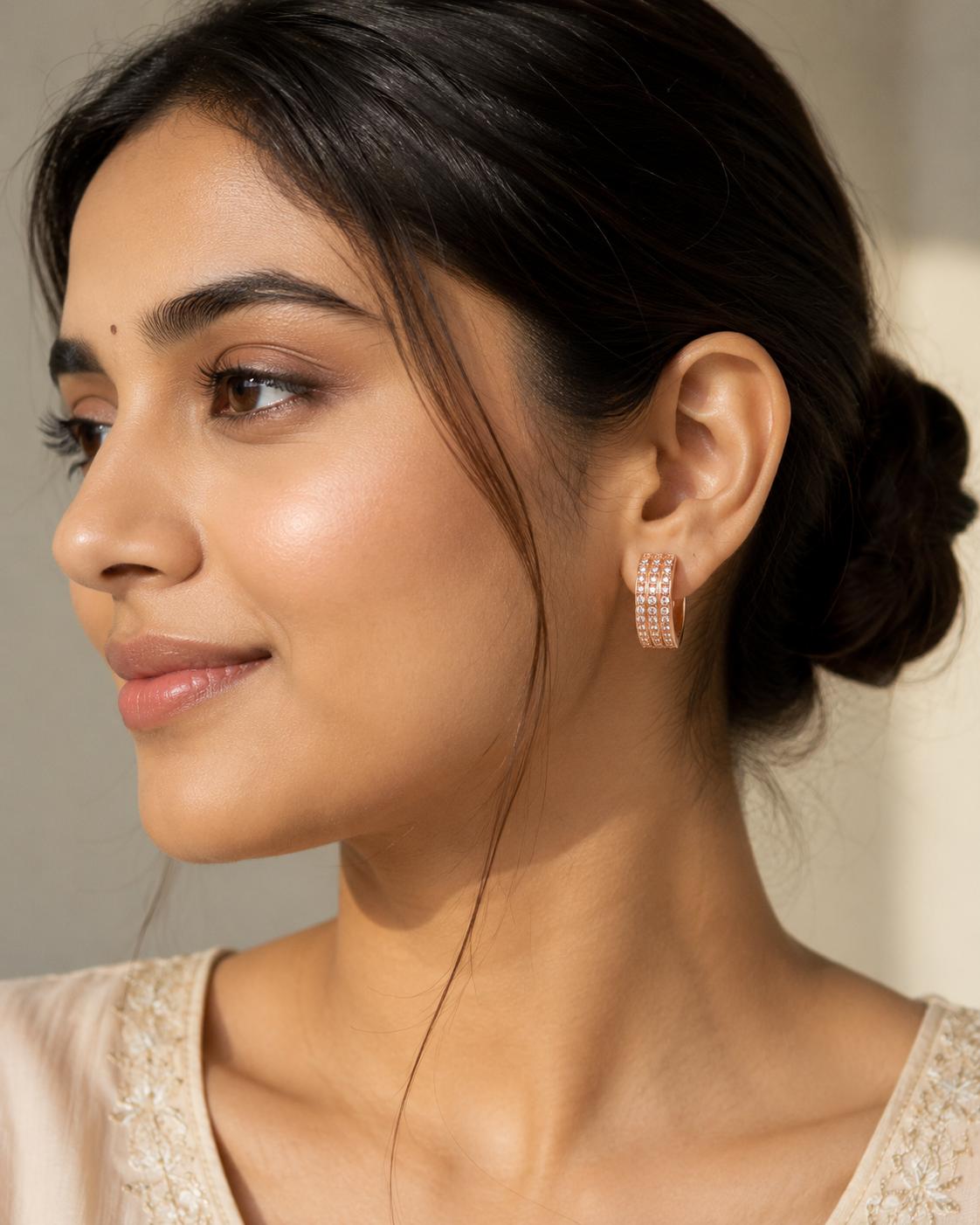 Forevershine Rose Gold & White Alloy American Diamond Cubic Zirconia Geometric Minimal Classic Hoop Earrings For Women & Girls Fashion Jewellery, Party, Wedding Gift - Image 2