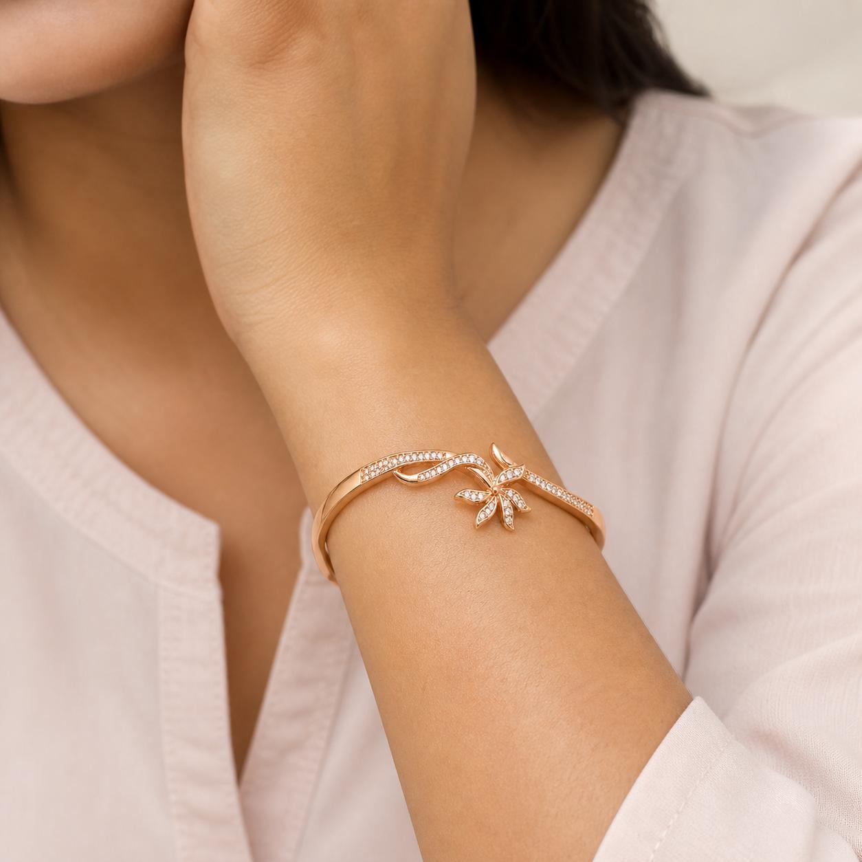 Forevershine Rose Gold Alloy American Diamond Cubic Zirconia Floral Minimal Modern Bracelet Kada For Women & Girls Fashion Jewellery, Party, Wedding Gift - Image 2