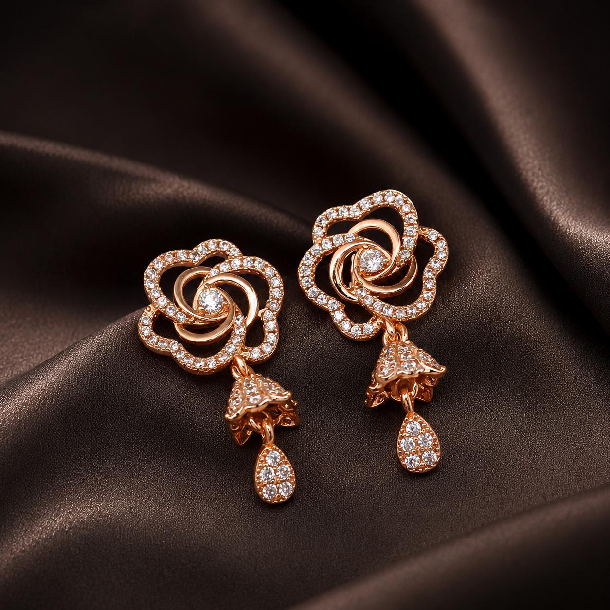 Forevershine Rose Gold & White Alloy American Diamond Cubic Zirconia Floral Minimal Drop Jhumka Earrings For Women & Girls Fashion Jewellery, Party, Wedding Gift
