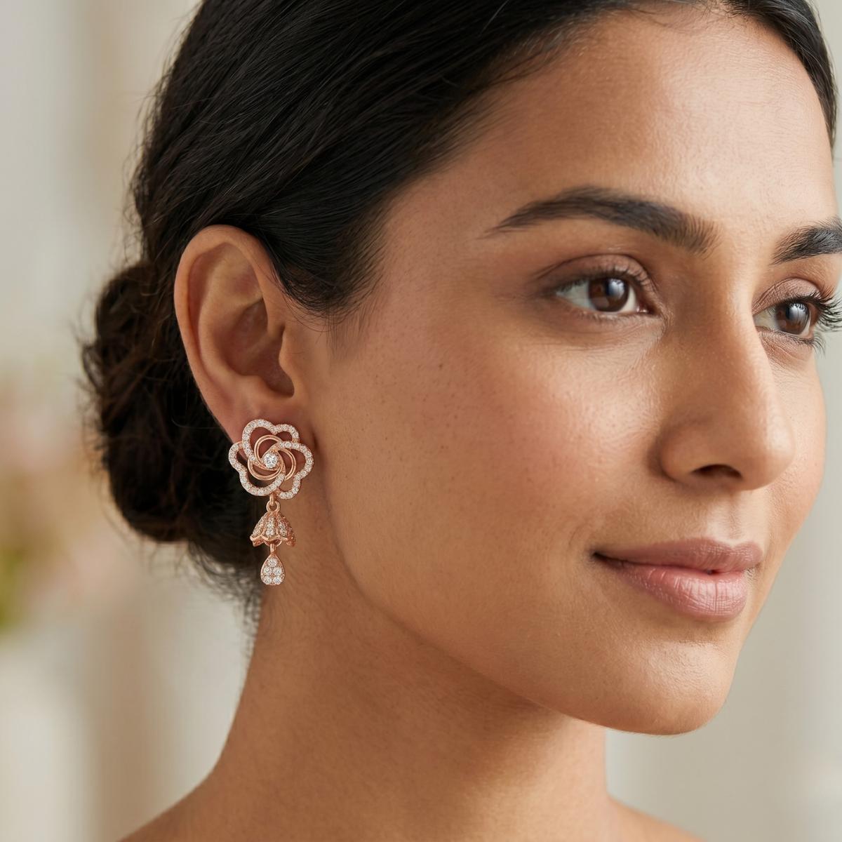 Forevershine Rose Gold & White Alloy American Diamond Cubic Zirconia Floral Minimal Drop Jhumka Earrings For Women & Girls Fashion Jewellery, Party, Wedding Gift - Image 4