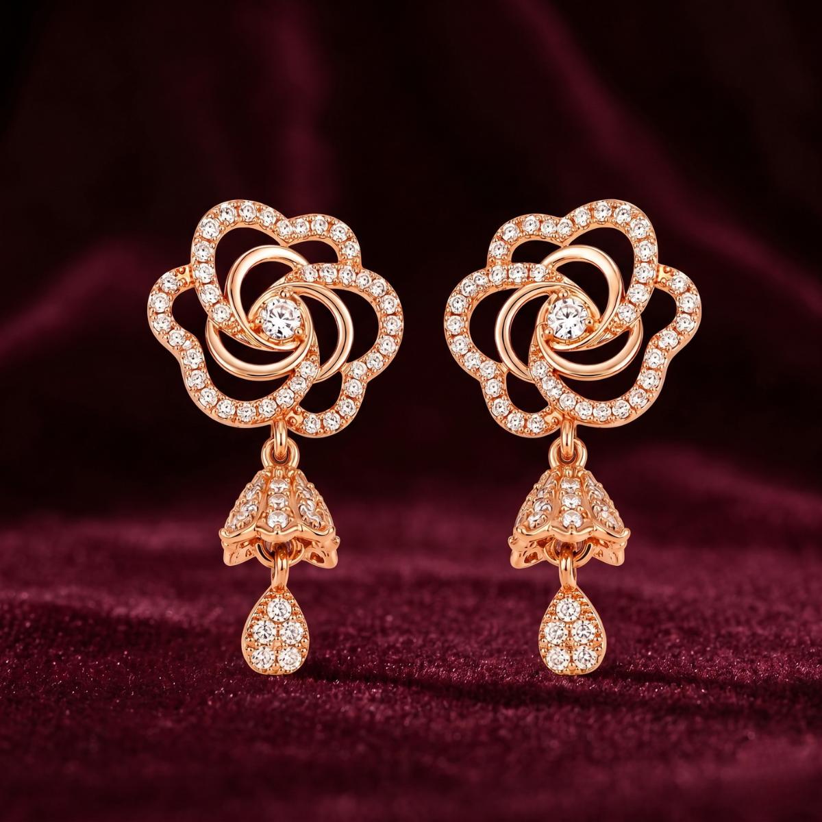 Forevershine Rose Gold & White Alloy American Diamond Cubic Zirconia Floral Minimal Drop Jhumka Earrings For Women & Girls Fashion Jewellery, Party, Wedding Gift - Image 2