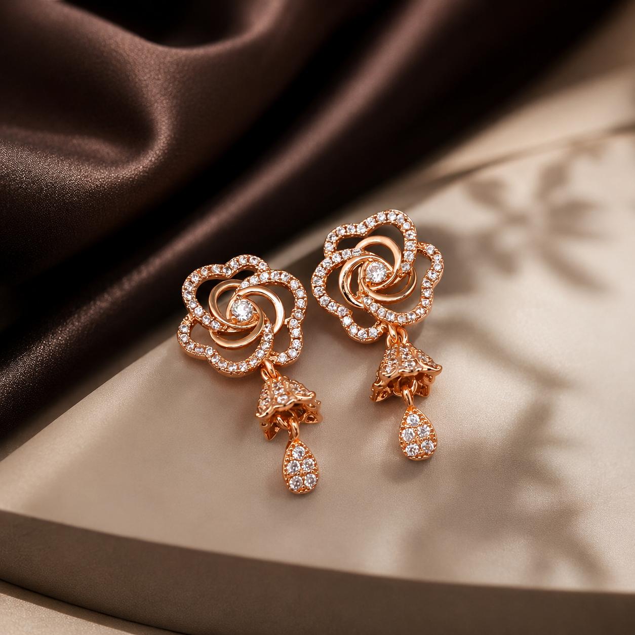 Forevershine Rose Gold & White Alloy American Diamond Cubic Zirconia Floral Minimal Drop Jhumka Earrings For Women & Girls Fashion Jewellery, Party, Wedding Gift - Image 3