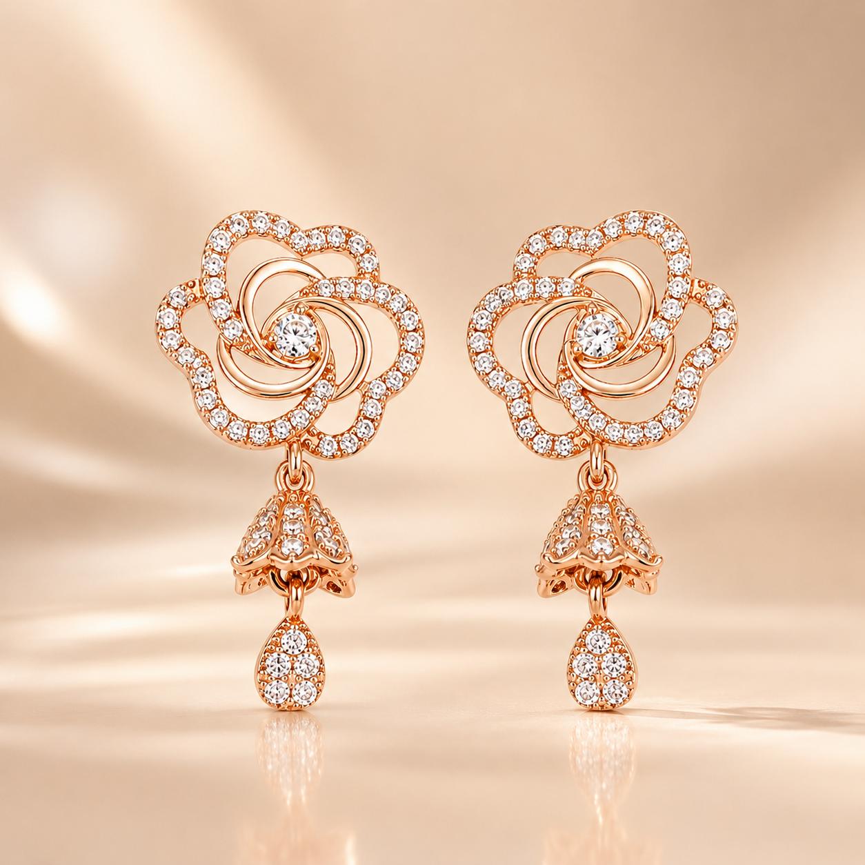 Forevershine Rose Gold & White Alloy American Diamond Cubic Zirconia Floral Minimal Drop Jhumka Earrings For Women & Girls Fashion Jewellery, Party, Wedding Gift - Image 5