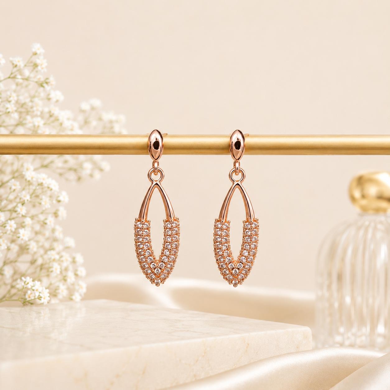 Forevershine Rose Gold Alloy American Diamond Cubic Zirconia Minimal Leaf Drop Stud Earrings For Women & Girls Fashion Jewellery, Party, Wedding Gift - Image 9