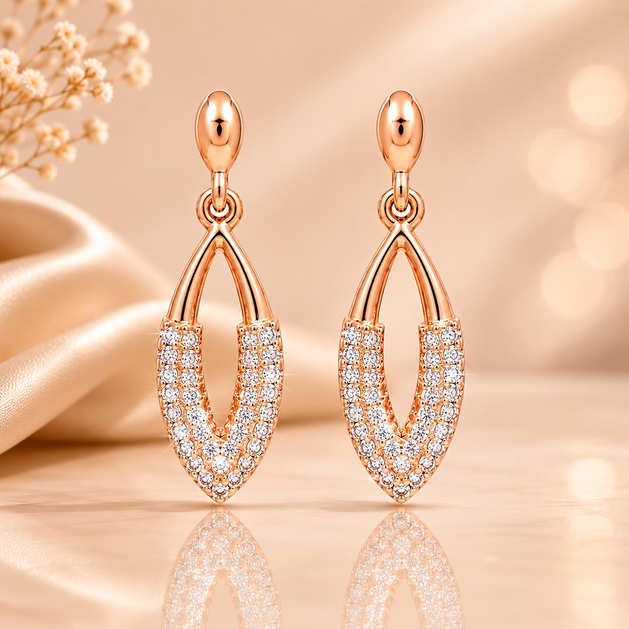 Forevershine Rose Gold Alloy American Diamond Cubic Zirconia Minimal Leaf Drop Stud Earrings For Women & Girls Fashion Jewellery, Party, Wedding Gift