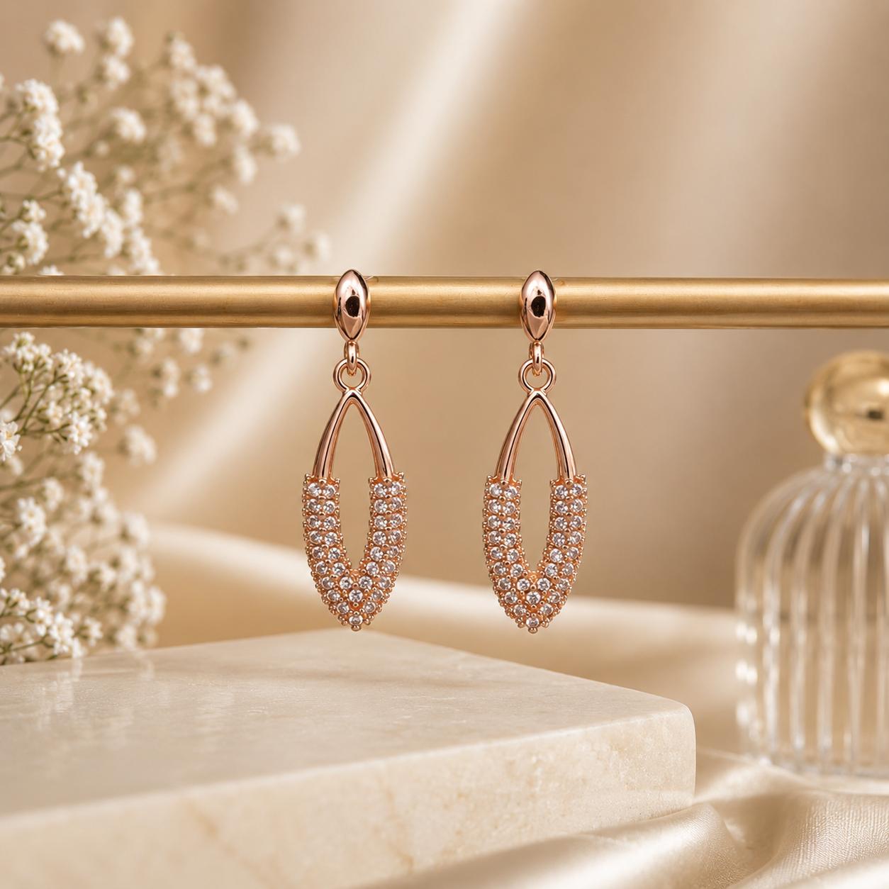 Forevershine Rose Gold Alloy American Diamond Cubic Zirconia Minimal Leaf Drop Stud Earrings For Women & Girls Fashion Jewellery, Party, Wedding Gift - Image 8