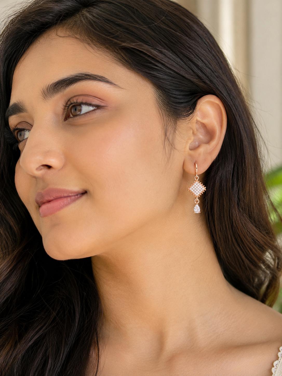 Forevershine Rose Gold Alloy American Diamond Cubic Zirconia Geometric Minimal Drop Hoop Earrings For Women & Girls Fashion Jewellery, Party, Wedding Gift - Image 3