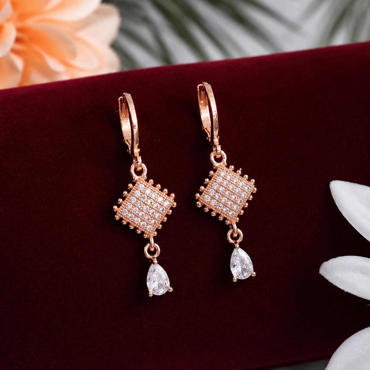 Forevershine Rose Gold Alloy American Diamond Cubic Zirconia Geometric Minimal Drop Hoop Earrings For Women & Girls Fashion Jewellery, Party, Wedding Gift - Image 8