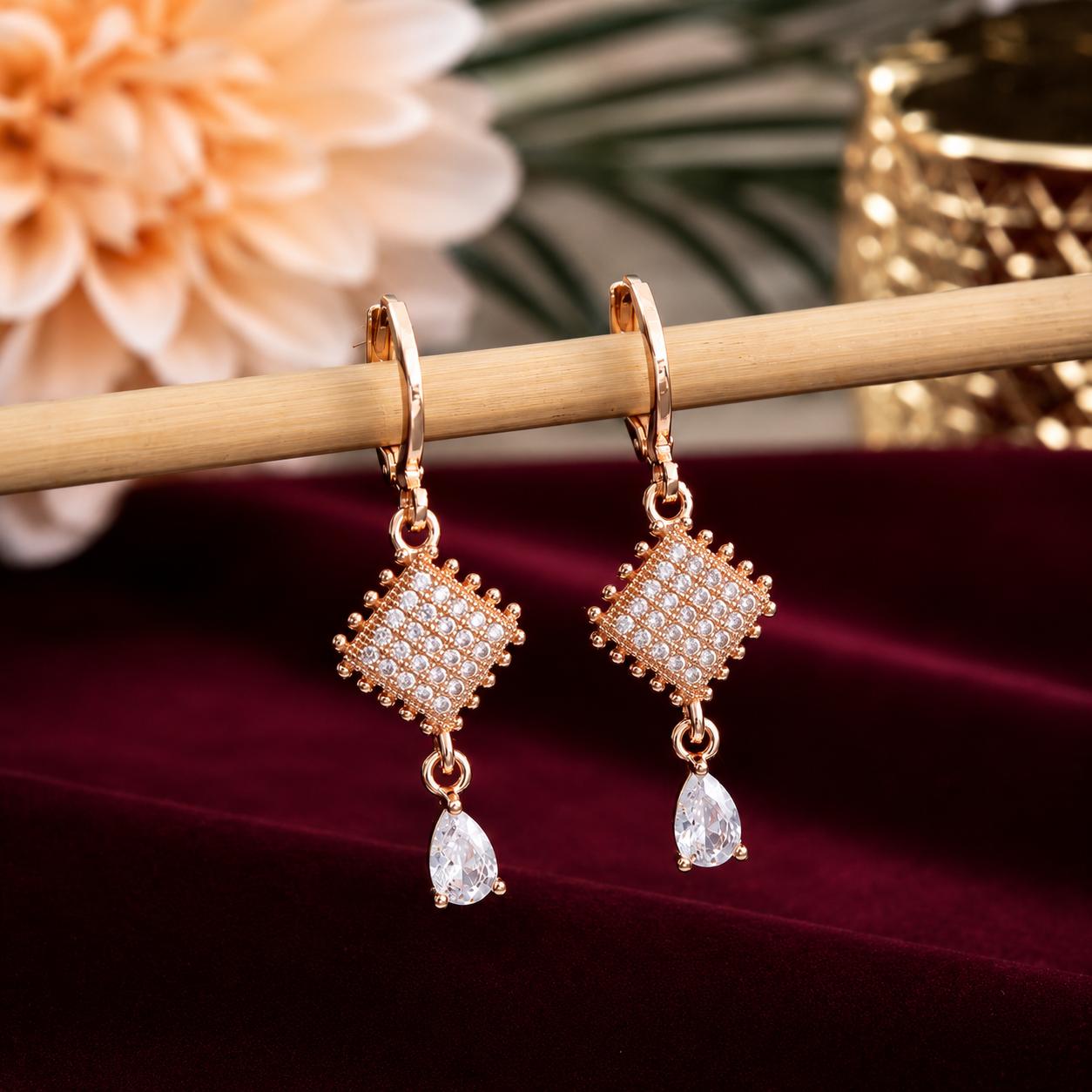 Forevershine Rose Gold Alloy American Diamond Cubic Zirconia Geometric Minimal Drop Hoop Earrings For Women & Girls Fashion Jewellery, Party, Wedding Gift