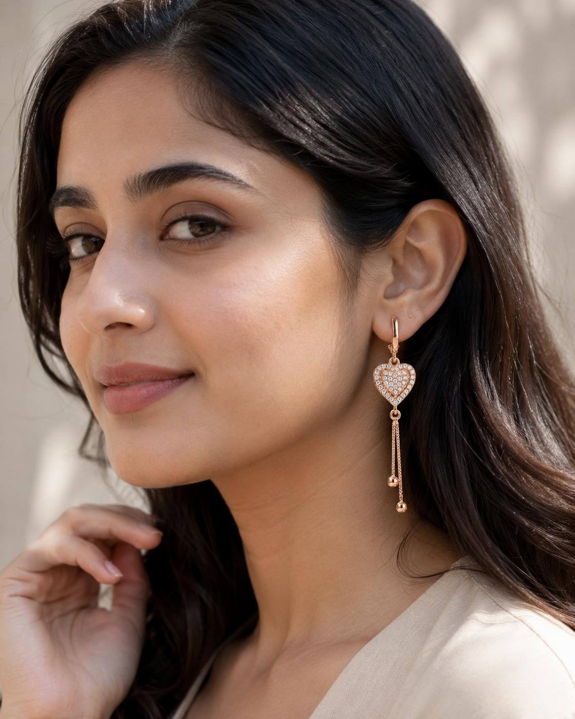 Forevershine Rose Gold Alloy American Diamond Cubic Zirconia Heart Minimal Drop Hoop Earrings For Women & Girls Fashion Jewellery, Party, Wedding Gift - Image 3