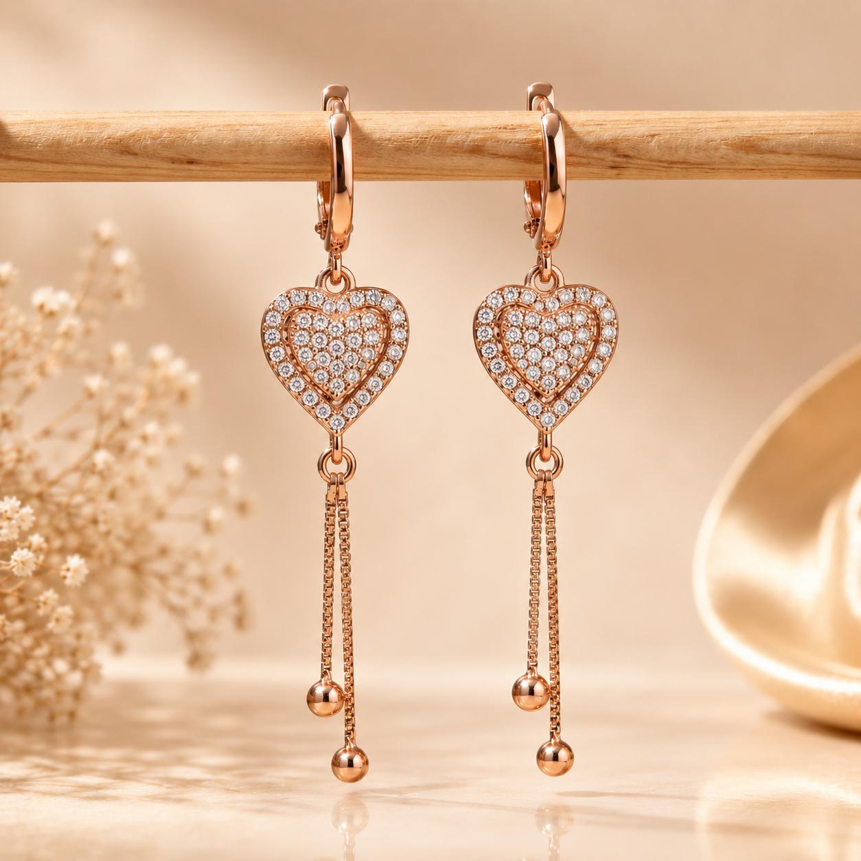 Forevershine Rose Gold Alloy American Diamond Cubic Zirconia Heart Minimal Drop Hoop Earrings For Women & Girls Fashion Jewellery, Party, Wedding Gift