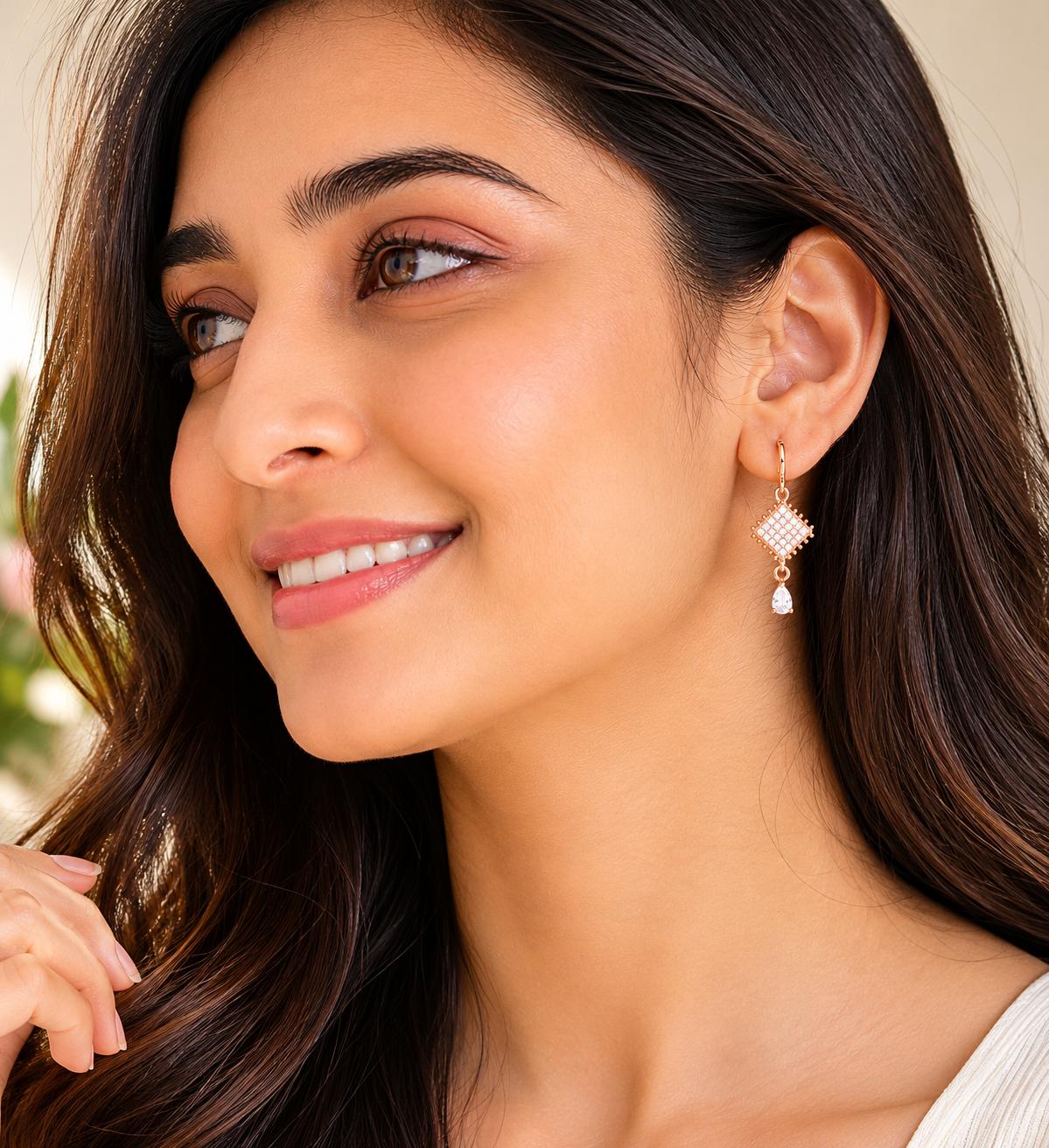Forevershine Rose Gold Alloy American Diamond Cubic Zirconia Geometric Minimal Drop Hoop Earrings For Women & Girls Fashion Jewellery, Party, Wedding Gift - Image 2