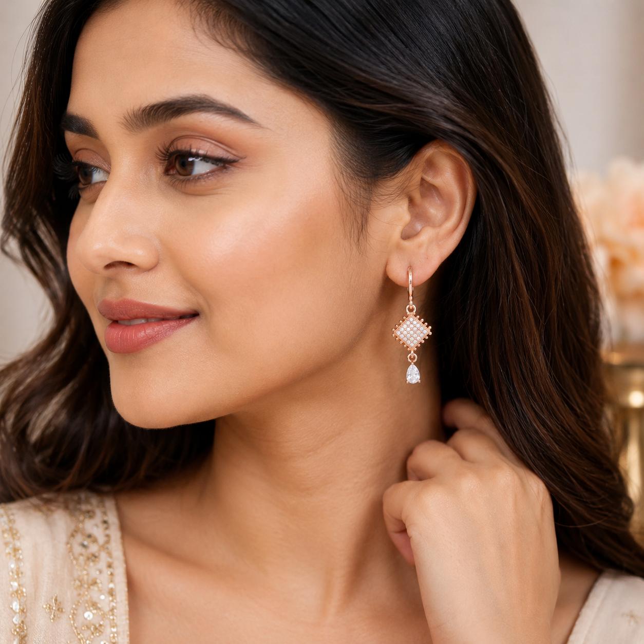 Forevershine Rose Gold Alloy American Diamond Cubic Zirconia Geometric Minimal Drop Hoop Earrings For Women & Girls Fashion Jewellery, Party, Wedding Gift - Image 4