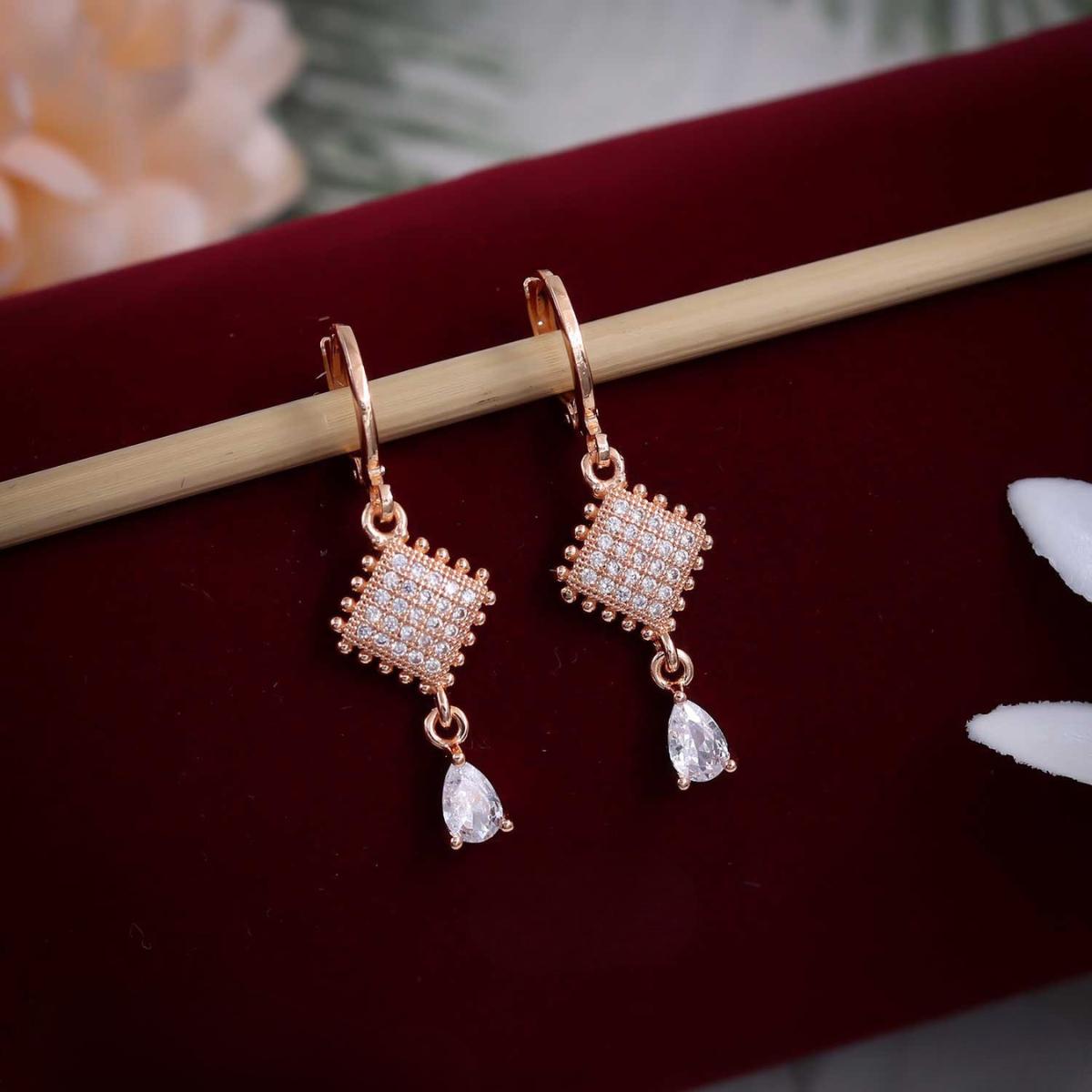Forevershine Rose Gold Alloy American Diamond Cubic Zirconia Geometric Minimal Drop Hoop Earrings For Women & Girls Fashion Jewellery, Party, Wedding Gift - Image 9