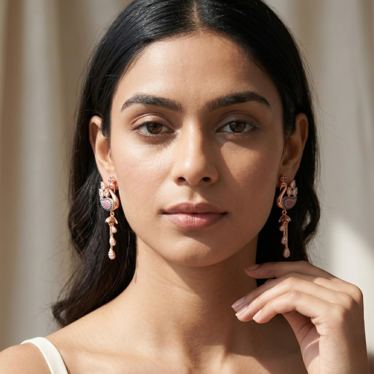 Forevershine Rose Gold & White Alloy American Diamond Cubic Zirconia Minimal Drop Modern Jhumka Earrings For Women & Girls Fashion Jewellery, Party, Wedding Gift - Image 4