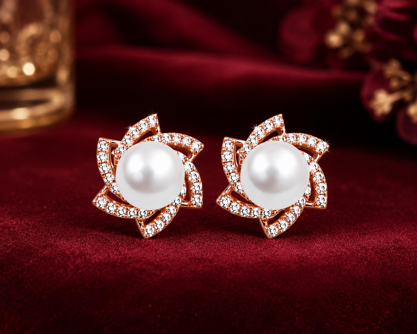Forevershine Anti Tarnish Rose Gold Rose Gold Plating American Diamond Cubic Zirconia Heart Floral Minimal Stud Earrings For Women & Girls Fashion Jewellery, Party, Wedding Gift