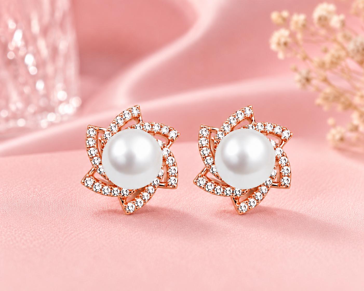 Forevershine Anti Tarnish Rose Gold Rose Gold Plating American Diamond Cubic Zirconia Heart Floral Minimal Stud Earrings For Women & Girls Fashion Jewellery, Party, Wedding Gift - Image 3