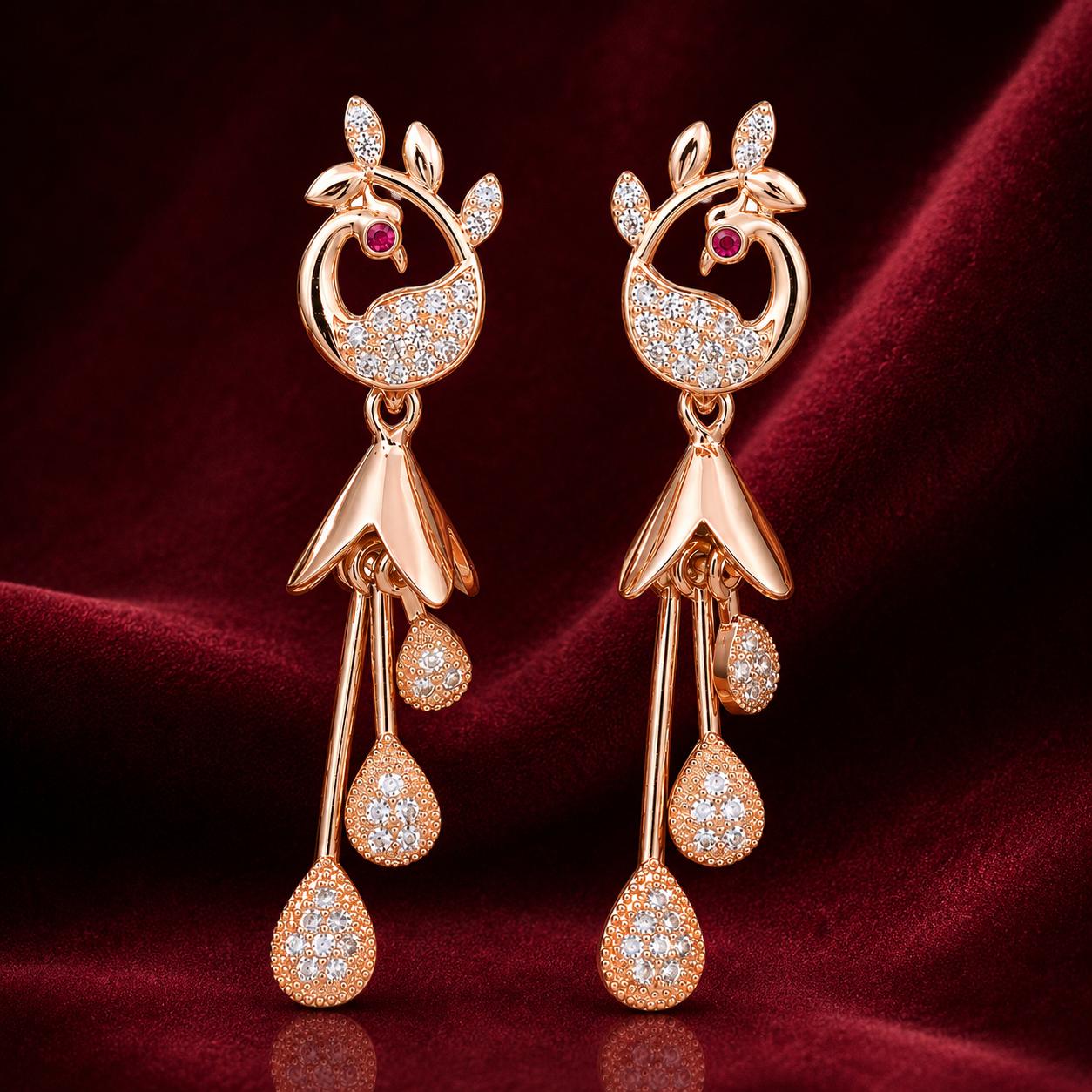 Forevershine Rose Gold & White Alloy American Diamond Cubic Zirconia Floral Minimal Drop Jhumka Earrings For Women & Girls Fashion Jewellery, Party, Wedding Gift