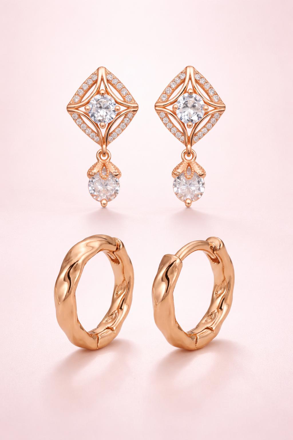 Forevershine Rose Gold Metal American Diamond Cubic Zirconia Geometric Solitaire Drop Hoop Earrings For Women & Girls Fashion Jewellery, Party, Wedding Gift - Image 5