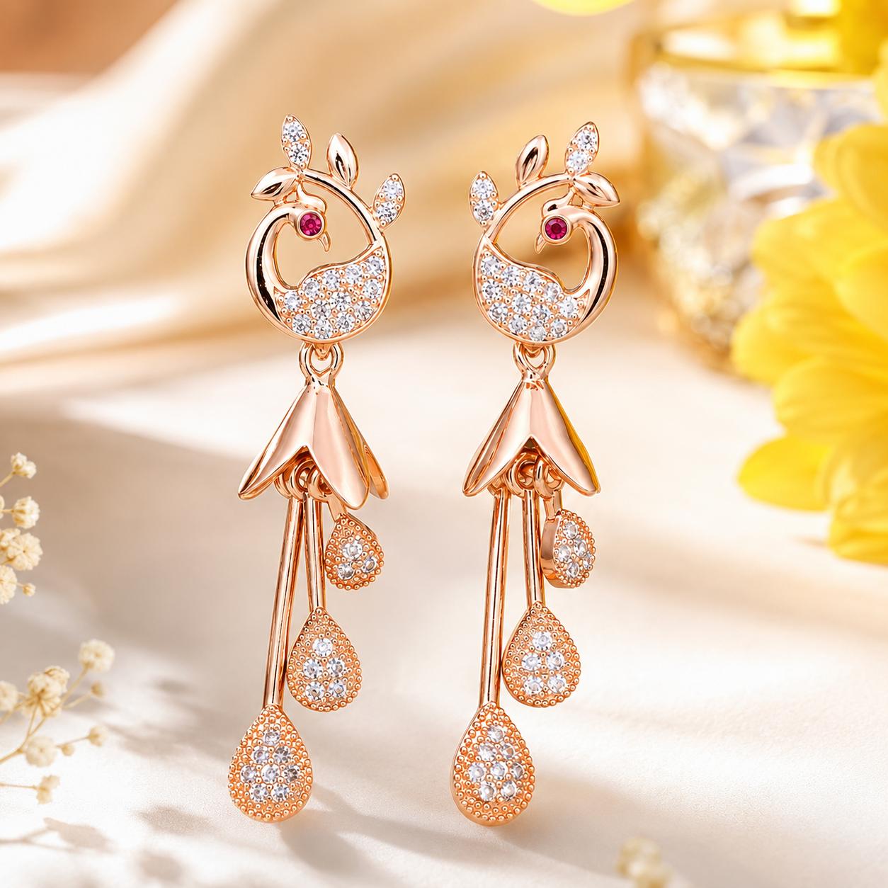 Forevershine Rose Gold & White Alloy American Diamond Cubic Zirconia Floral Minimal Drop Jhumka Earrings For Women & Girls Fashion Jewellery, Party, Wedding Gift - Image 5