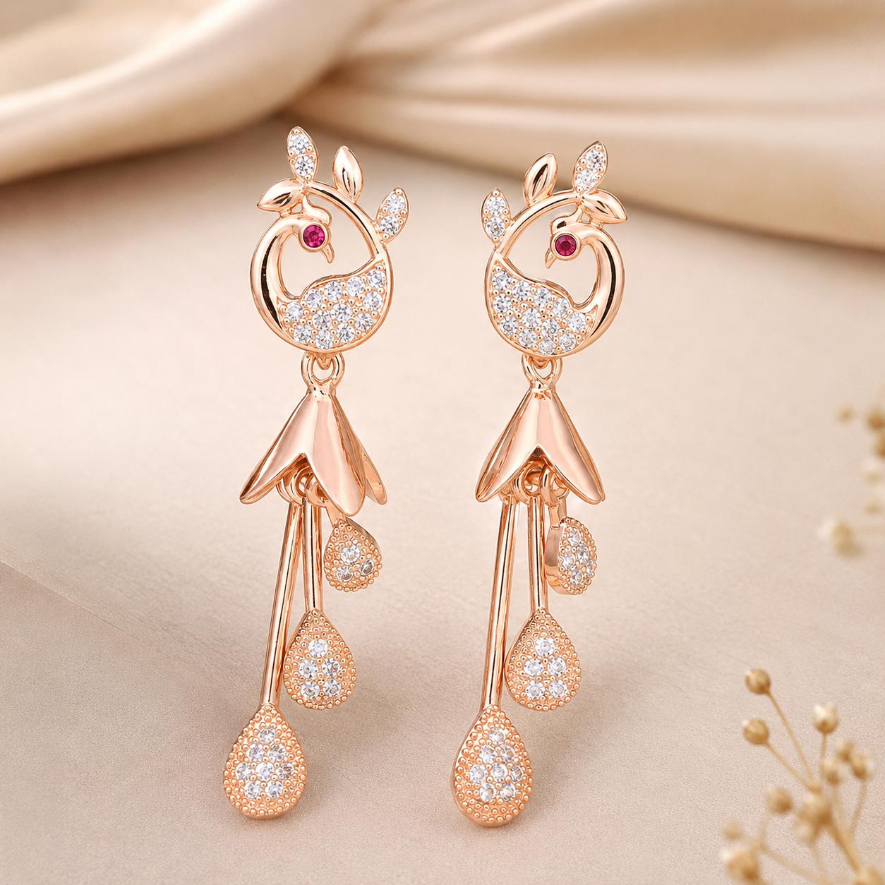 Forevershine Rose Gold & White Alloy American Diamond Cubic Zirconia Floral Minimal Drop Jhumka Earrings For Women & Girls Fashion Jewellery, Party, Wedding Gift - Image 2