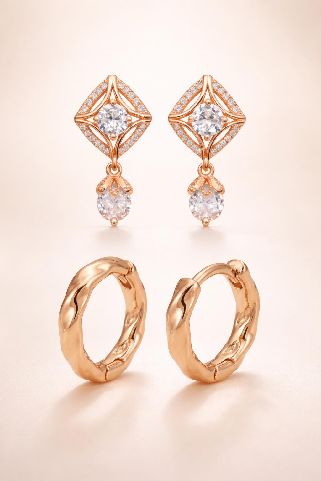 Forevershine Rose Gold Metal American Diamond Cubic Zirconia Geometric Solitaire Drop Hoop Earrings For Women & Girls Fashion Jewellery, Party, Wedding Gift - Image 3
