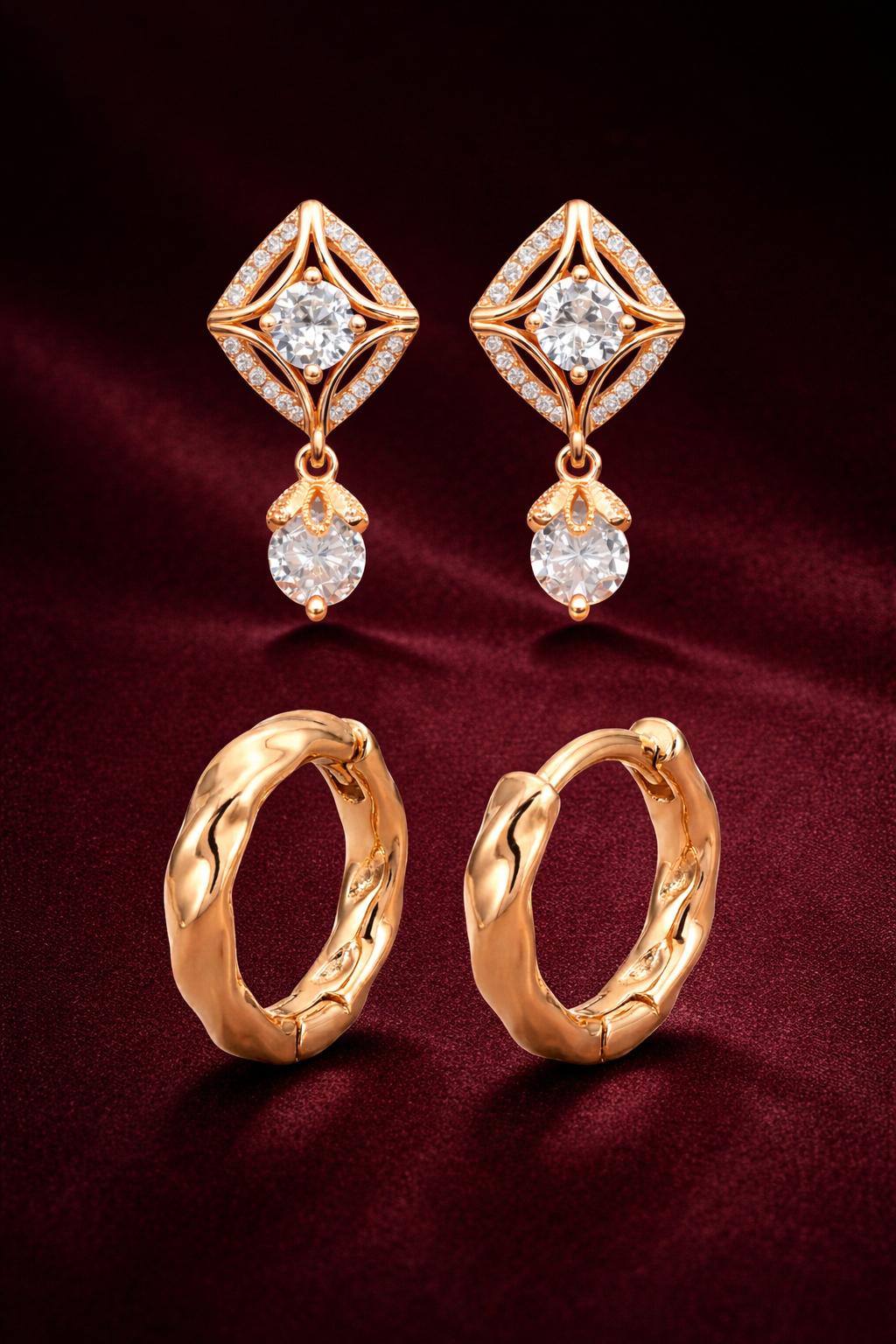 Forevershine Rose Gold Metal American Diamond Cubic Zirconia Geometric Solitaire Drop Hoop Earrings For Women & Girls Fashion Jewellery, Party, Wedding Gift