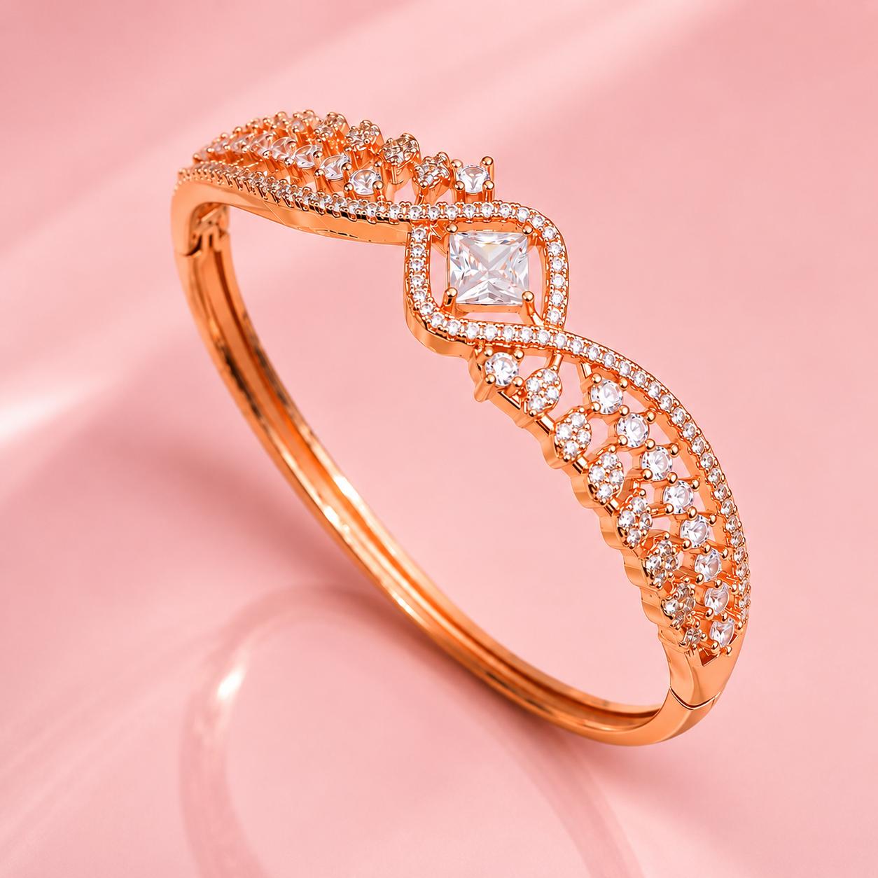 Forevershine Rose Gold & White Alloy American Diamond Cubic Zirconia Ribbon Geometric Solitaire Bracelet Kada For Women & Girls Fashion Jewellery, Party, Wedding Gift - Image 5