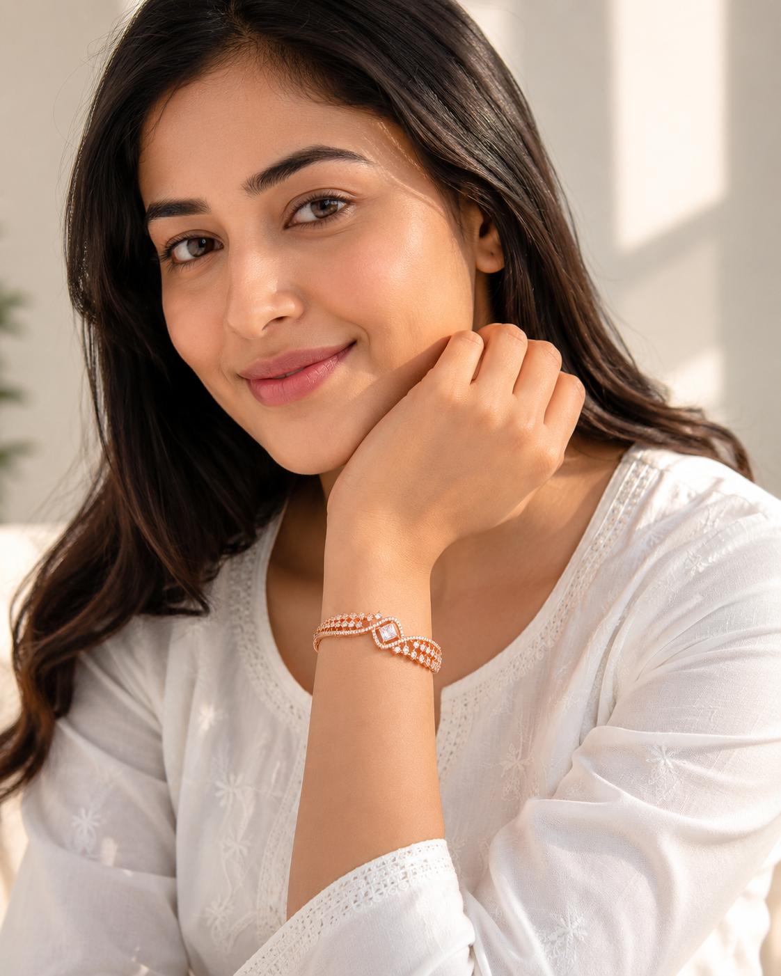 Forevershine Rose Gold & White Alloy American Diamond Cubic Zirconia Ribbon Geometric Solitaire Bracelet Kada For Women & Girls Fashion Jewellery, Party, Wedding Gift - Image 3