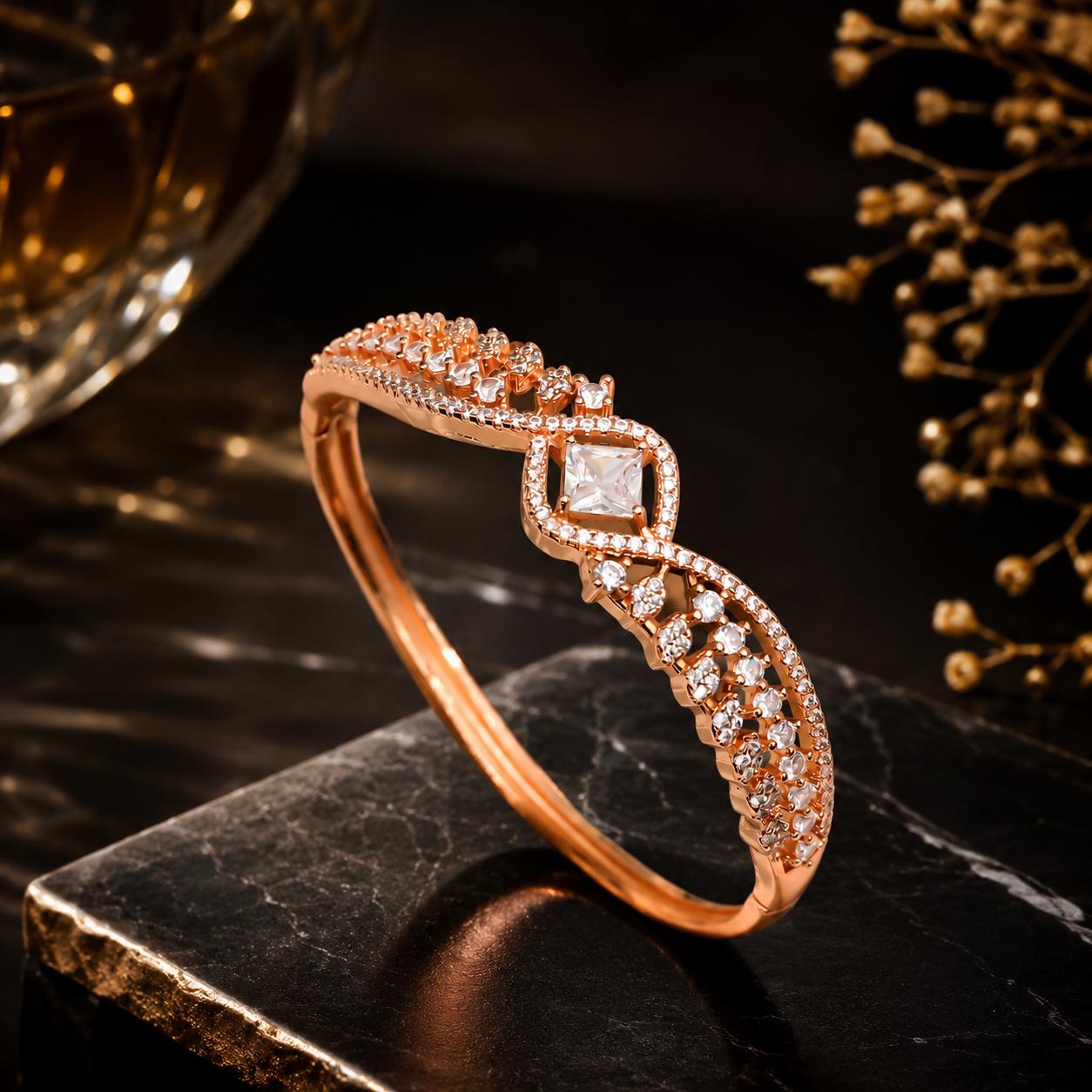 Forevershine Rose Gold & White Alloy American Diamond Cubic Zirconia Ribbon Geometric Solitaire Bracelet Kada For Women & Girls Fashion Jewellery, Party, Wedding Gift - Image 2