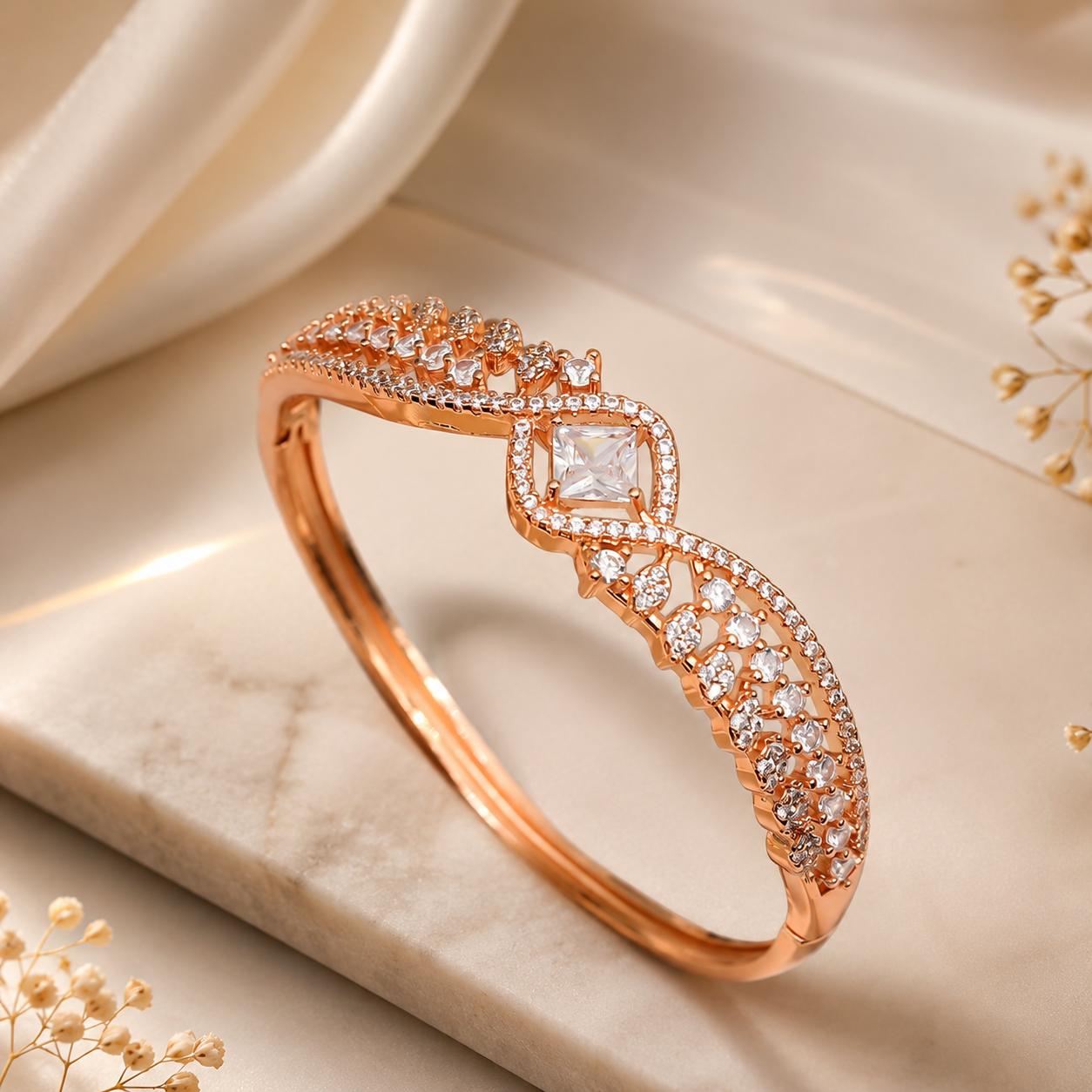 Forevershine Rose Gold & White Alloy American Diamond Cubic Zirconia Ribbon Geometric Solitaire Bracelet Kada For Women & Girls Fashion Jewellery, Party, Wedding Gift