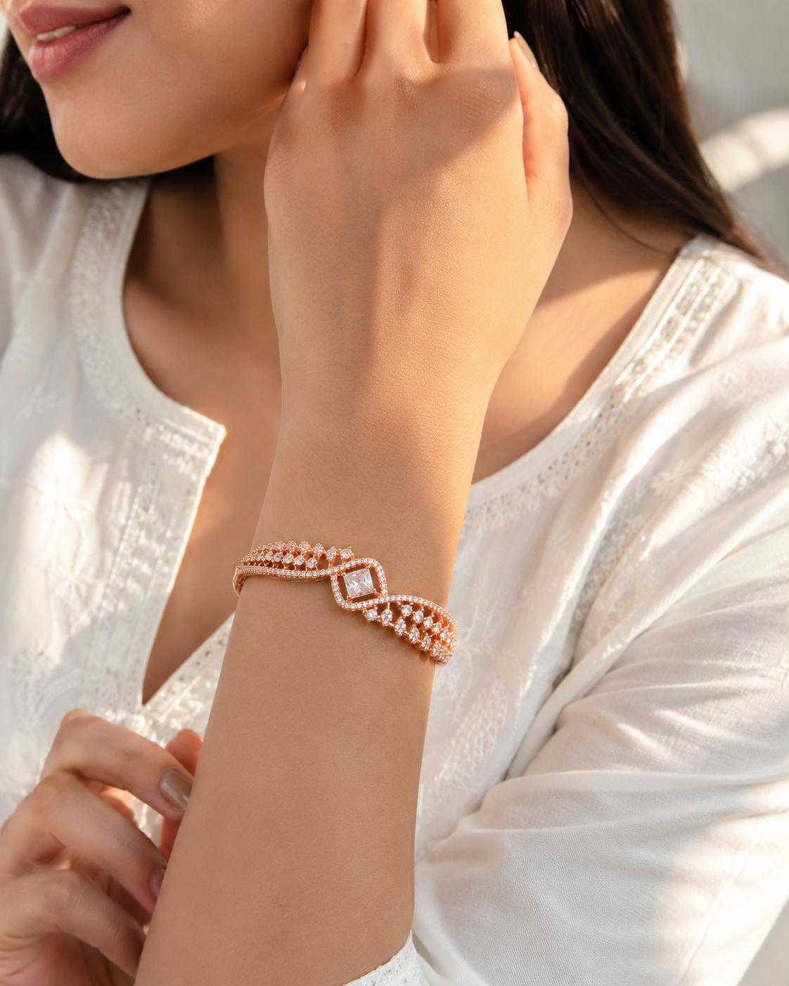 Forevershine Rose Gold & White Alloy American Diamond Cubic Zirconia Ribbon Geometric Solitaire Bracelet Kada For Women & Girls Fashion Jewellery, Party, Wedding Gift - Image 4