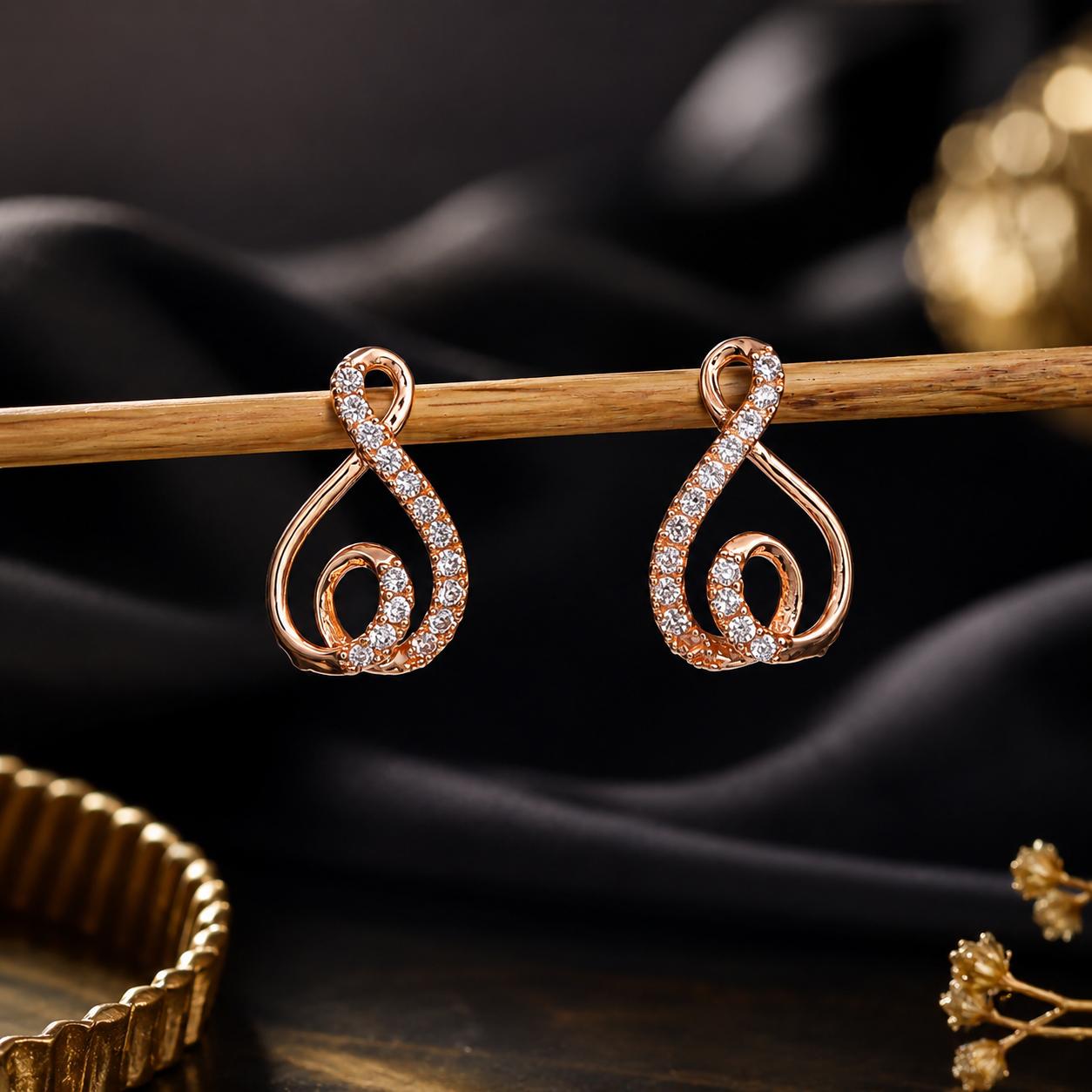 Forevershine Rose Gold & White Alloy American Diamond Cubic Zirconia Ribbon Infinity Geometric Stud Earrings For Women & Girls Fashion Jewellery, Party, Wedding Gift - Image 2