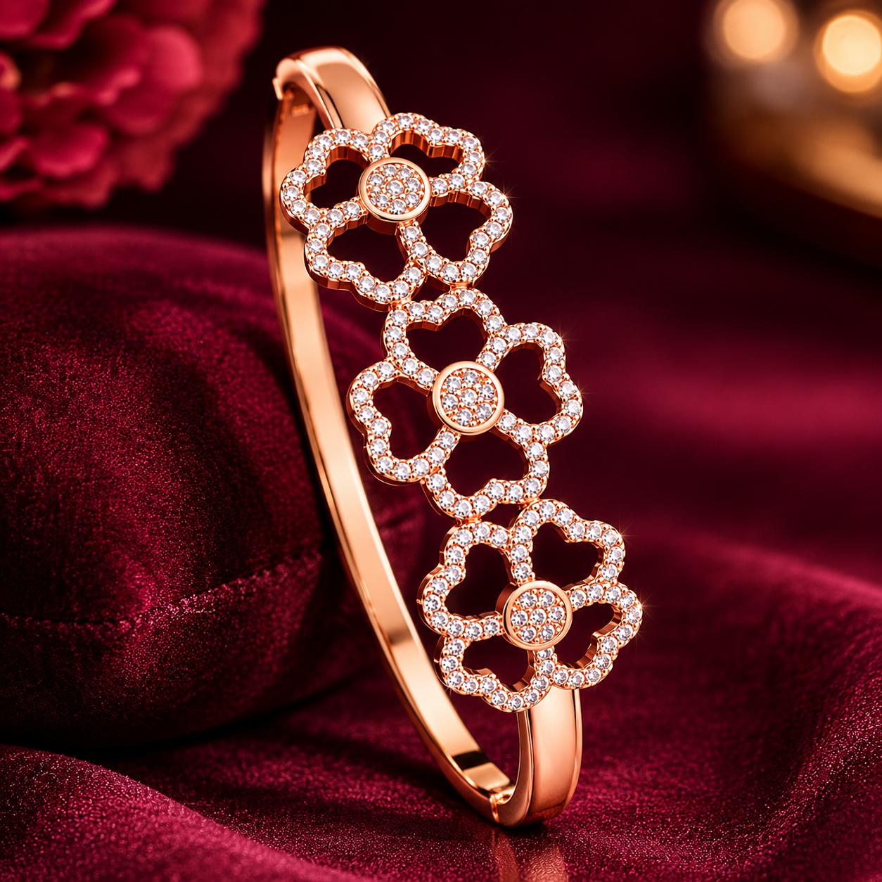 Forevershine Rose Gold & White Alloy American Diamond Cubic Zirconia Floral Geometric Round Bracelet Kada For Women & Girls Fashion Jewellery, Party, Wedding Gift - Image 4