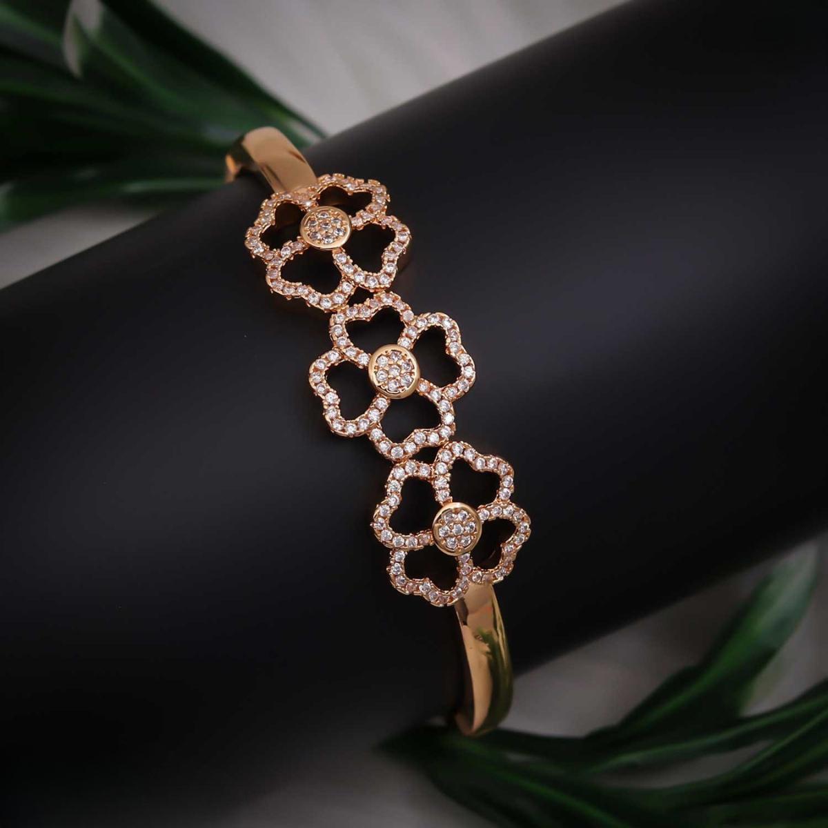 Forevershine Rose Gold & White Alloy American Diamond Cubic Zirconia Floral Geometric Round Bracelet Kada For Women & Girls Fashion Jewellery, Party, Wedding Gift