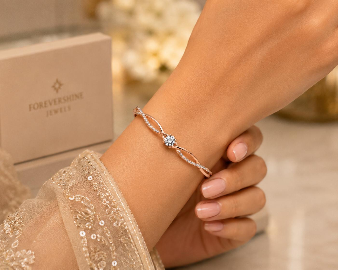 Forevershine Rose Gold & White Alloy American Diamond Cubic Zirconia Ribbon Infinity Geometric Bracelet Kada For Women & Girls Fashion Jewellery, Party, Wedding Gift - Image 5