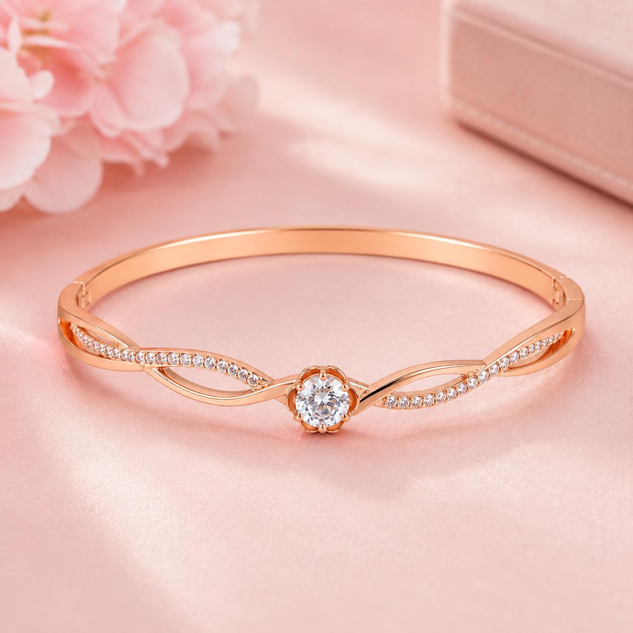 Forevershine Rose Gold & White Alloy American Diamond Cubic Zirconia Ribbon Infinity Geometric Bracelet Kada For Women & Girls Fashion Jewellery, Party, Wedding Gift - Image 4