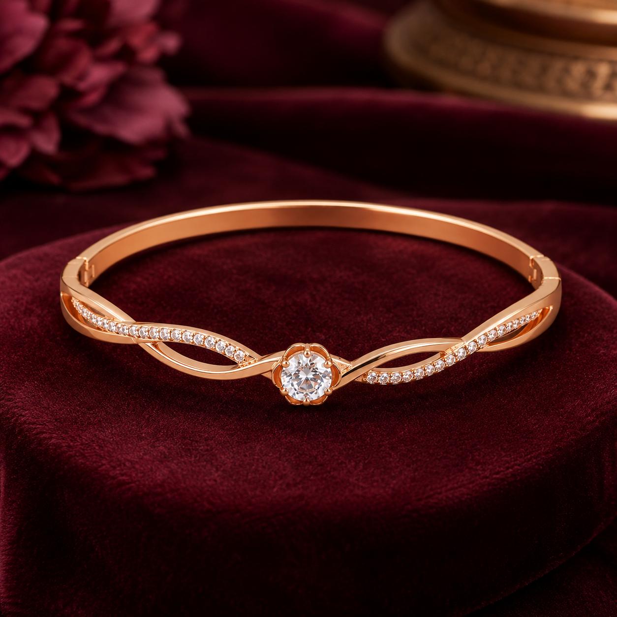 Forevershine Rose Gold & White Alloy American Diamond Cubic Zirconia Ribbon Infinity Geometric Bracelet Kada For Women & Girls Fashion Jewellery, Party, Wedding Gift