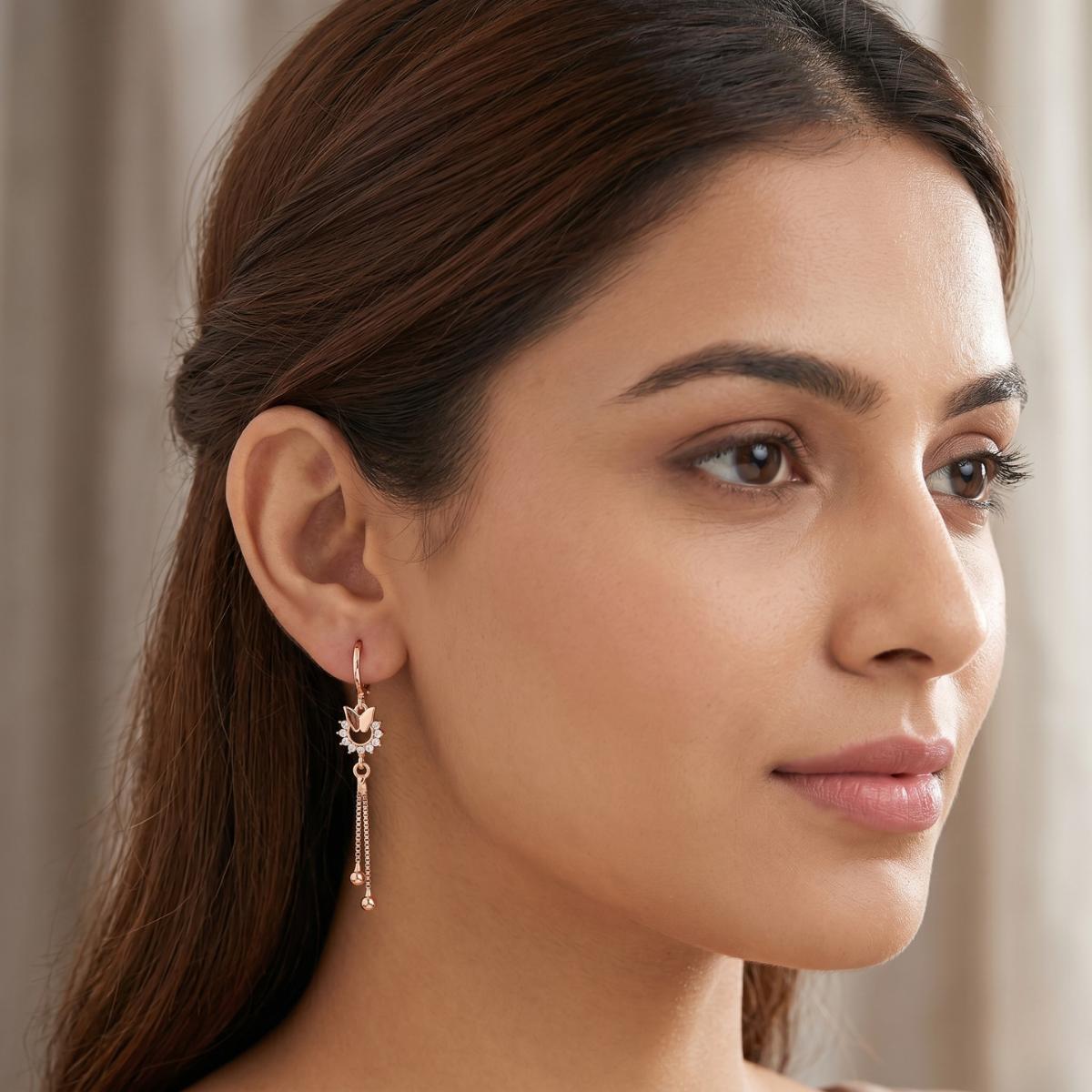 Forevershine Rose Gold & White Alloy American Diamond Cubic Zirconia Butterfly Minimal Drop Hoop Earrings For Women & Girls Fashion Jewellery, Party, Wedding Gift - Image 2