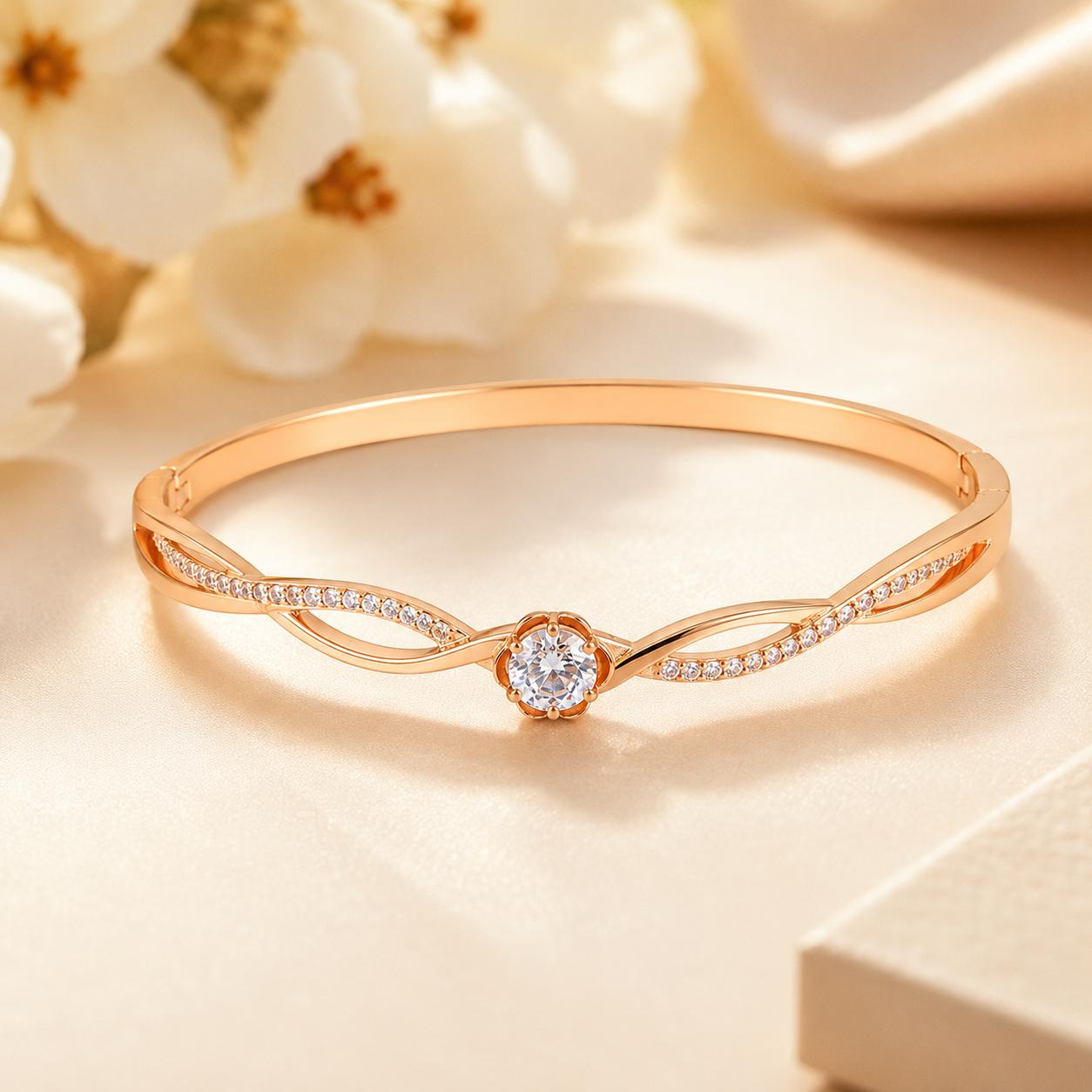 Forevershine Rose Gold & White Alloy American Diamond Cubic Zirconia Ribbon Infinity Geometric Bracelet Kada For Women & Girls Fashion Jewellery, Party, Wedding Gift - Image 2