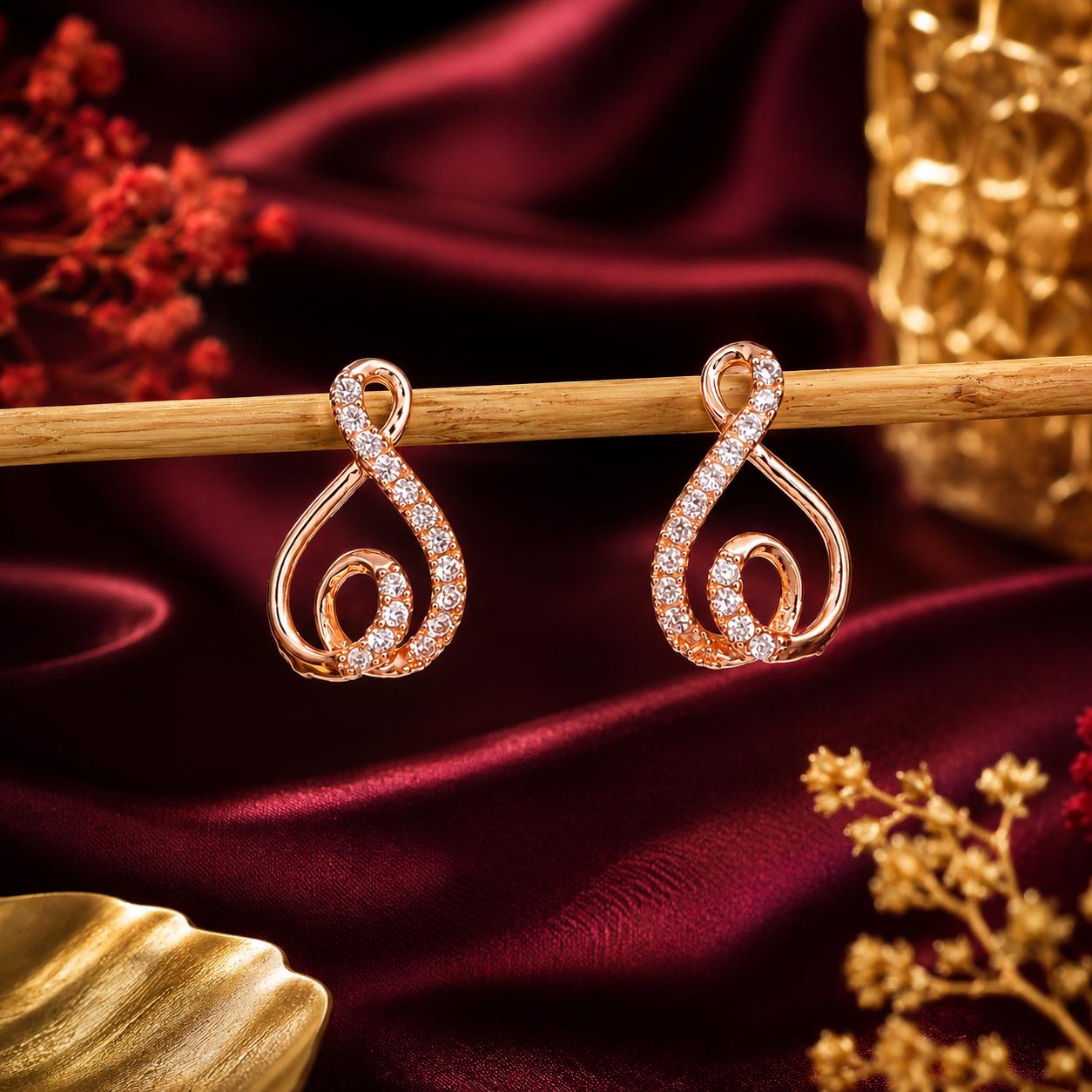Forevershine Rose Gold & White Alloy American Diamond Cubic Zirconia Ribbon Infinity Geometric Stud Earrings For Women & Girls Fashion Jewellery, Party, Wedding Gift