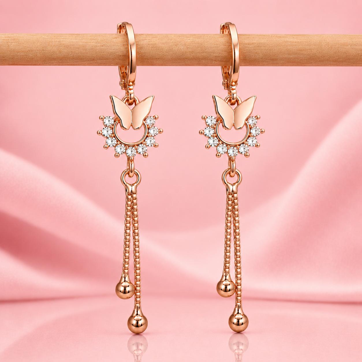 Forevershine Rose Gold & White Alloy American Diamond Cubic Zirconia Butterfly Minimal Drop Hoop Earrings For Women & Girls Fashion Jewellery, Party, Wedding Gift - Image 3