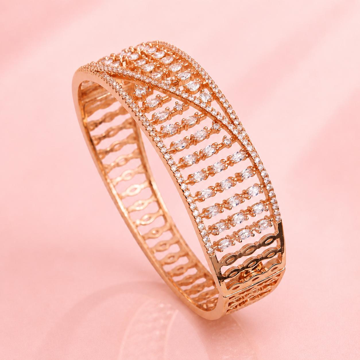 Forevershine Rose Gold Alloy American Diamond Cubic Zirconia Geometric Round Modern Bracelet Kada For Women & Girls Fashion Jewellery, Party, Wedding Gift - Image 5
