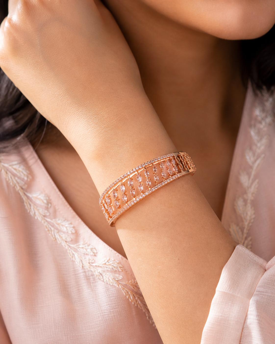 Forevershine Rose Gold Alloy American Diamond Cubic Zirconia Geometric Round Modern Bracelet Kada For Women & Girls Fashion Jewellery, Party, Wedding Gift - Image 3