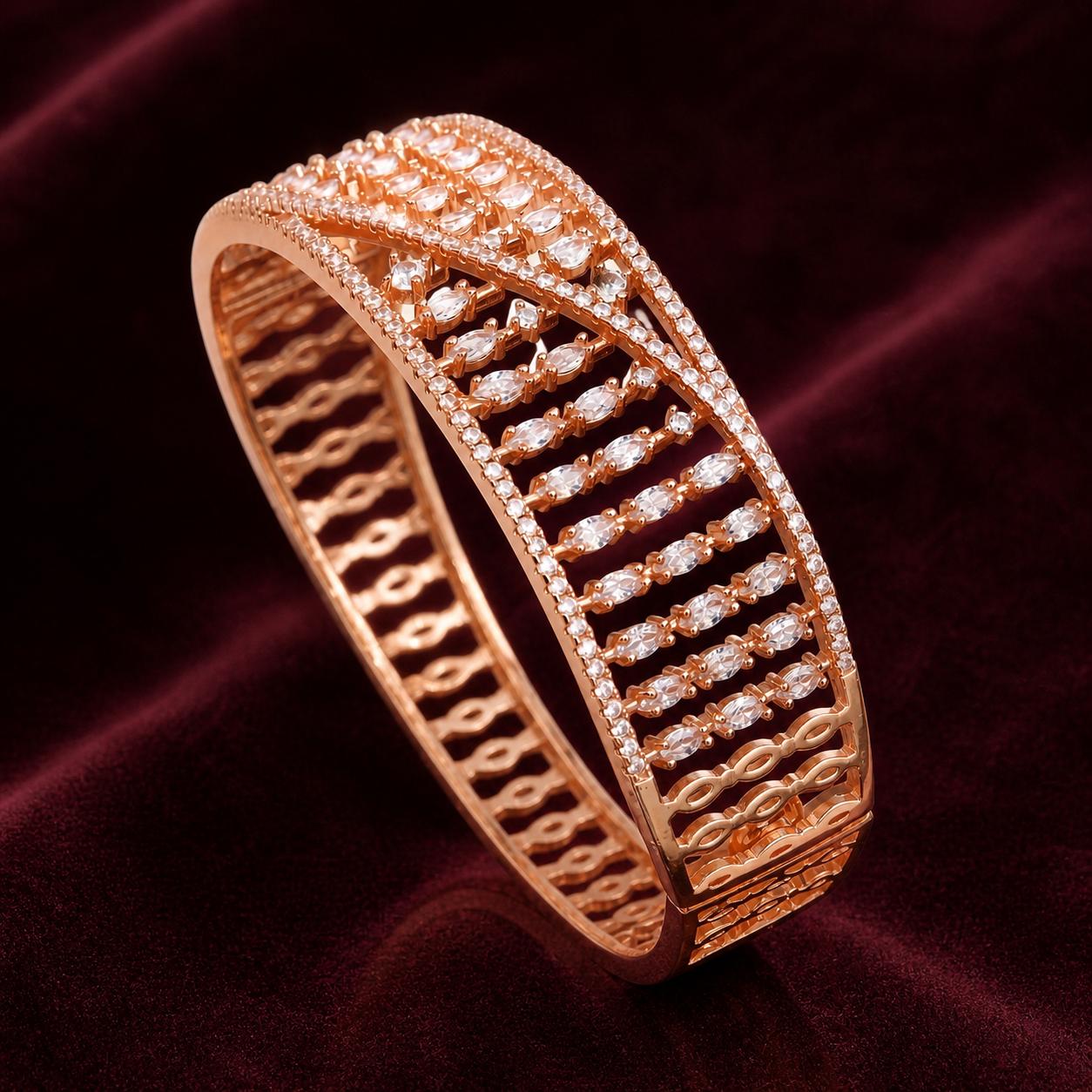Forevershine Rose Gold Alloy American Diamond Cubic Zirconia Geometric Round Modern Bracelet Kada For Women & Girls Fashion Jewellery, Party, Wedding Gift