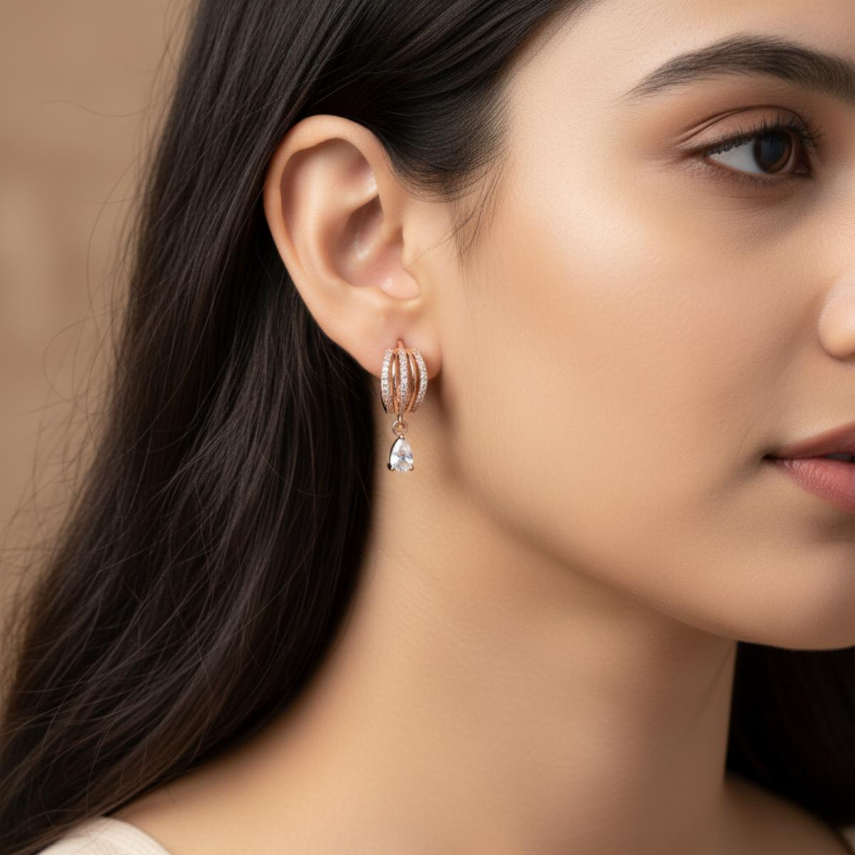 Forevershine Anti Tarnish Rose Gold Rose Gold Plating American Diamond Cubic Zirconia Minimal Drop Classic Hoop Earrings For Women & Girls Fashion Jewellery, Party, Wedding Gift - Image 3