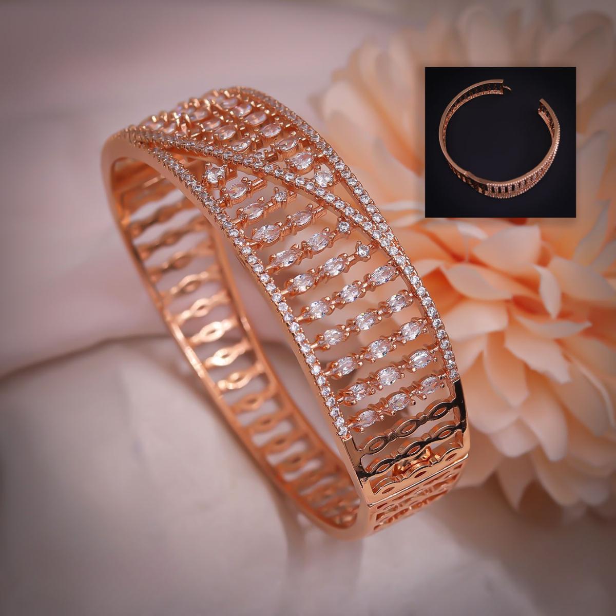 Forevershine Rose Gold Alloy American Diamond Cubic Zirconia Geometric Round Modern Bracelet Kada For Women & Girls Fashion Jewellery, Party, Wedding Gift - Image 7